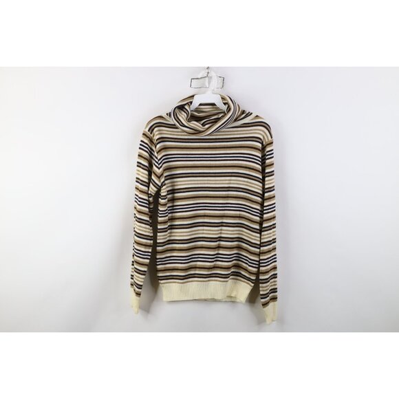 Vintage Sweaters - Vintage 70s Streetwear Womens Large Earth Tone Striped Knit Turtleneck Sweater